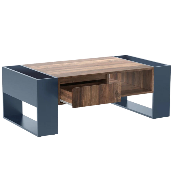 Table Basse Bois et Bleu Profond avec Rangement - Design Moderne Azuro
