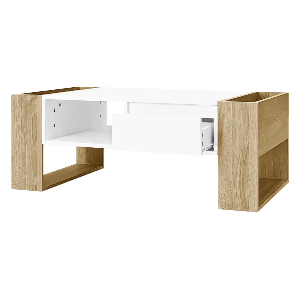 Table Basse Rectangulaire Blanche et Bois avec Rangement - Style Moderne Elira