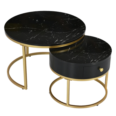 Table Basse Ronde Gigogne Effet Marbre Noire - Norvik