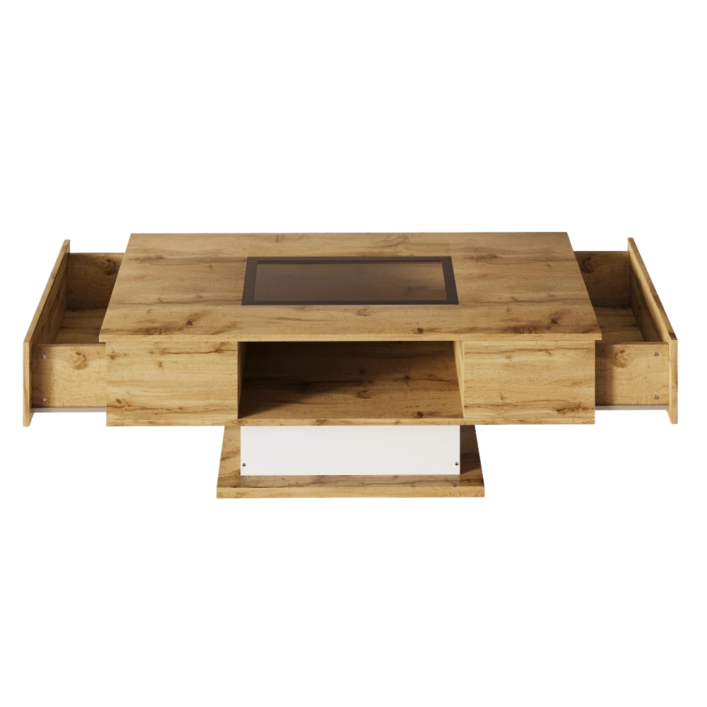 Table Basse Bois et Verre avec LED et Rangements - Design Moderne Ravel