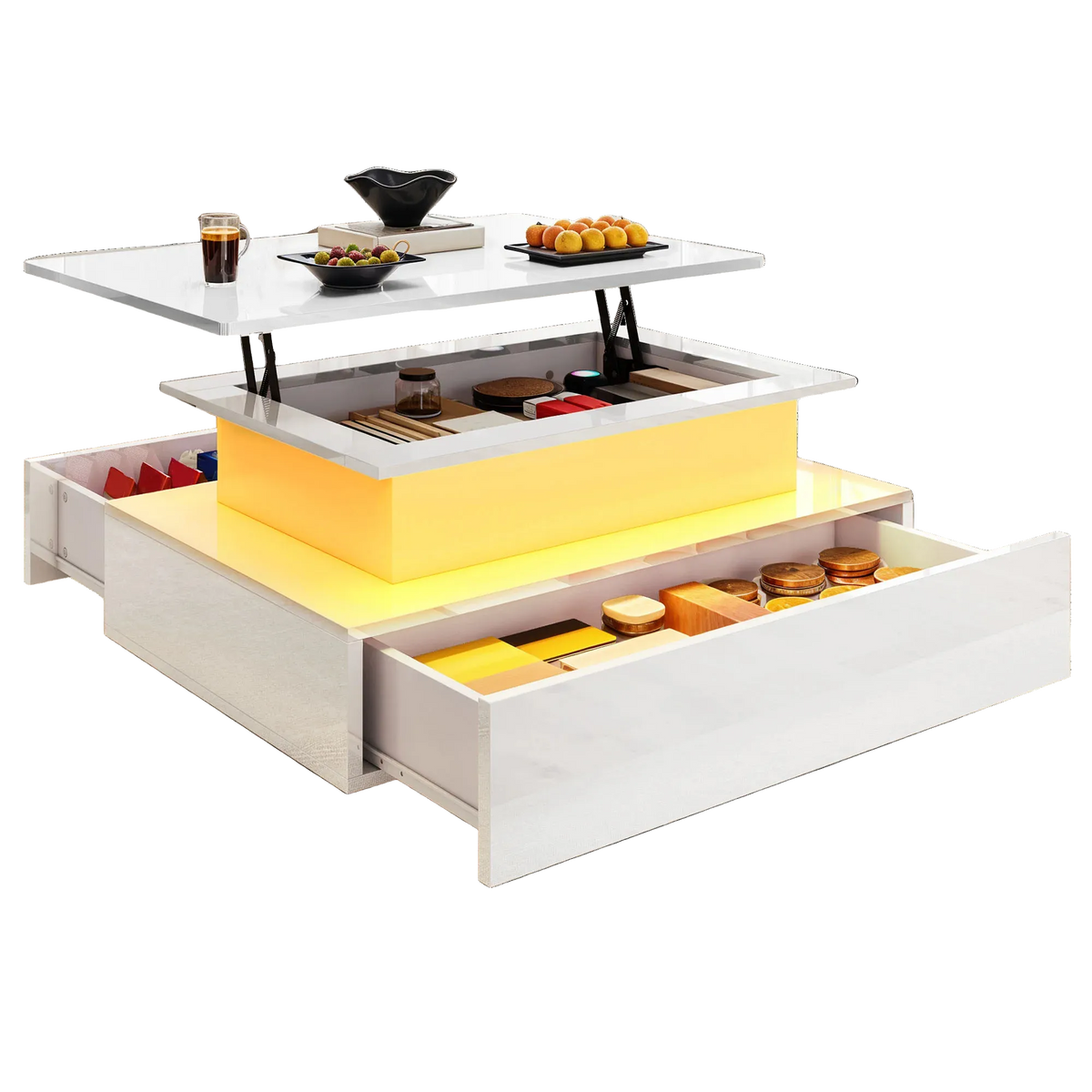 Table Basse Relevable avec LED et Tiroirs - Design Moderne Halvin