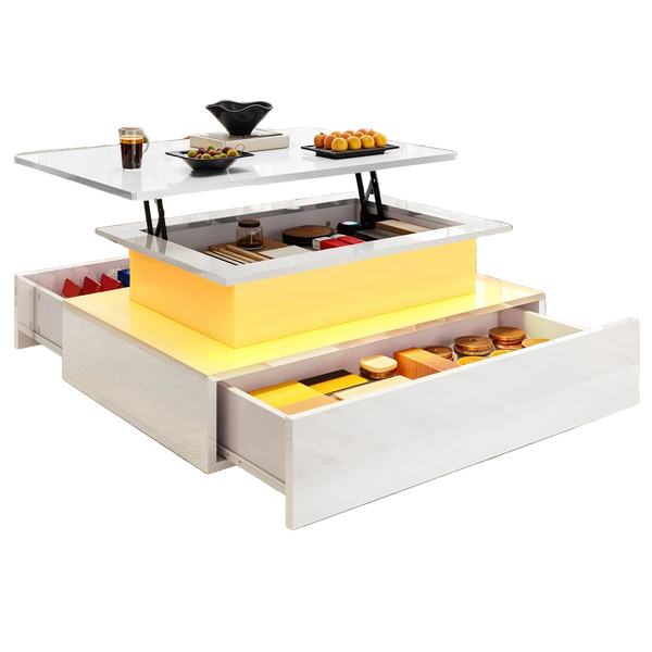 Table Basse Relevable avec LED et Tiroirs - Design Moderne Halvin