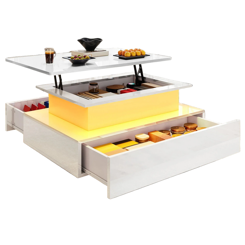 Table Basse Relevable avec LED et Tiroirs - Design Moderne Halvin