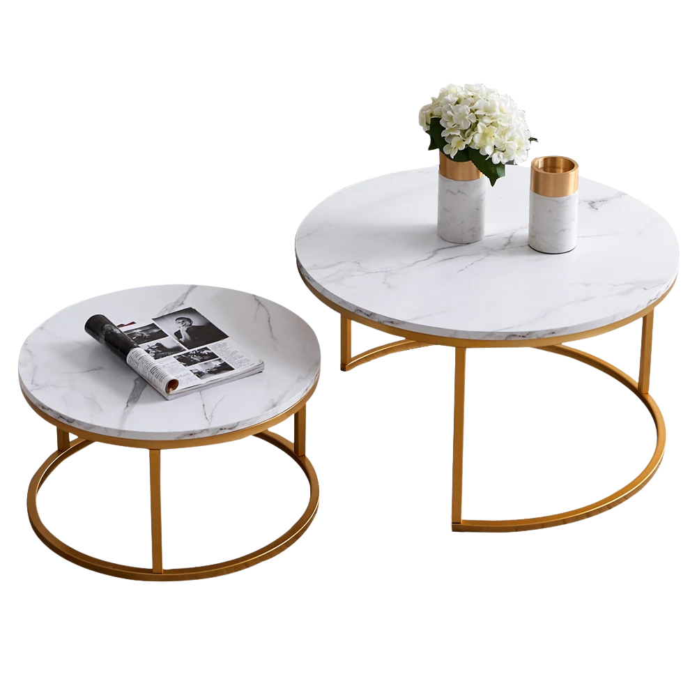 Table Basse Gigogne Ronde Effet Marbre et Doré - Aurel