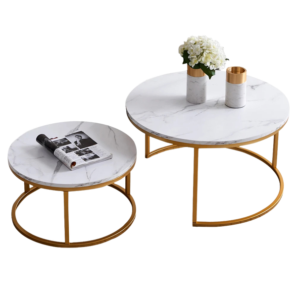 Table Basse Gigogne Ronde Effet Marbre et Doré - Aurel