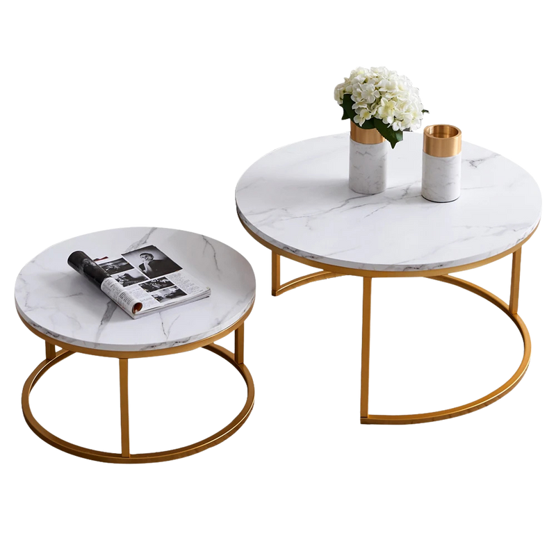 Table Basse Gigogne Ronde Effet Marbre et Doré - Aurel