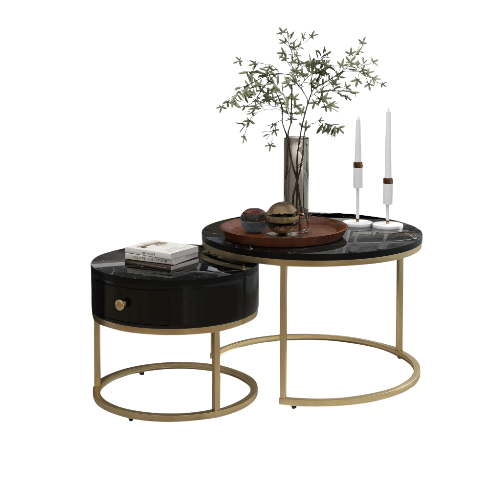 Table Basse Ronde Gigogne Effet Marbre Noire - Norvik