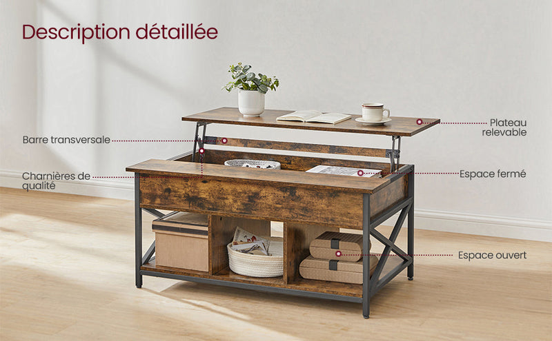 Table Basse Relevable Bois et Métal avec Rangement - Design Moderne Torvik