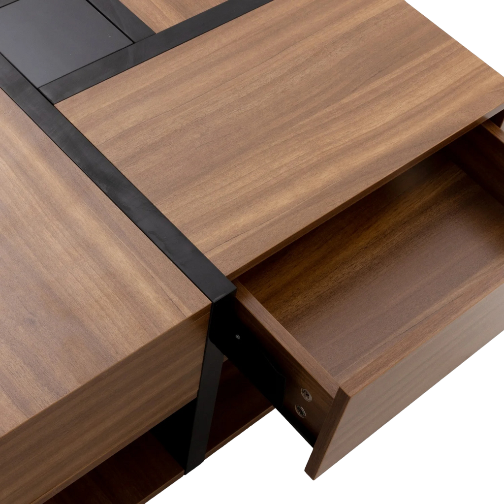 Table Basse Bois Carrée et Noir 2 Tiroir Onyx