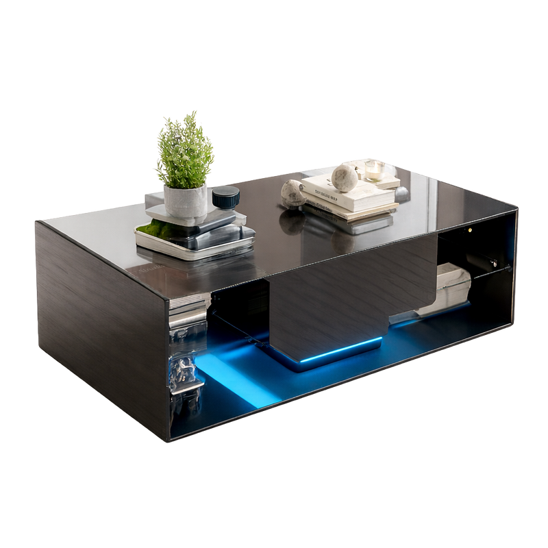 Table Basse Noire avec Étagères en Verre et Éclairage LED - Design Moderne Skarn