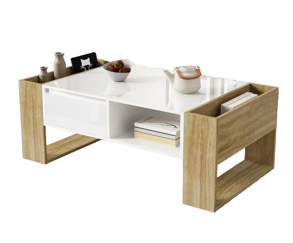 Table Basse Rectangulaire Blanche et Bois avec Rangement - Style Moderne Elira