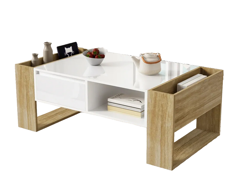 Table Basse Rectangulaire Blanche et Bois avec Rangement - Style Moderne Elira