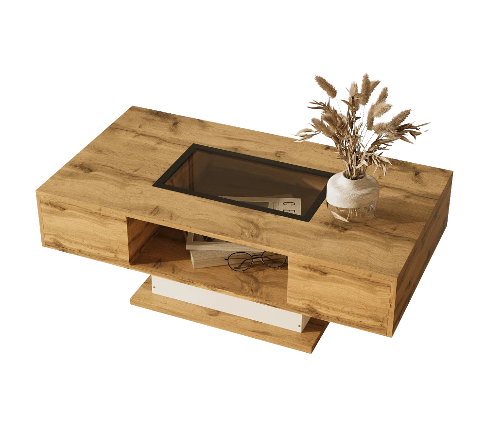 Table Basse Bois et Verre avec LED et Rangements - Design Moderne Ravel