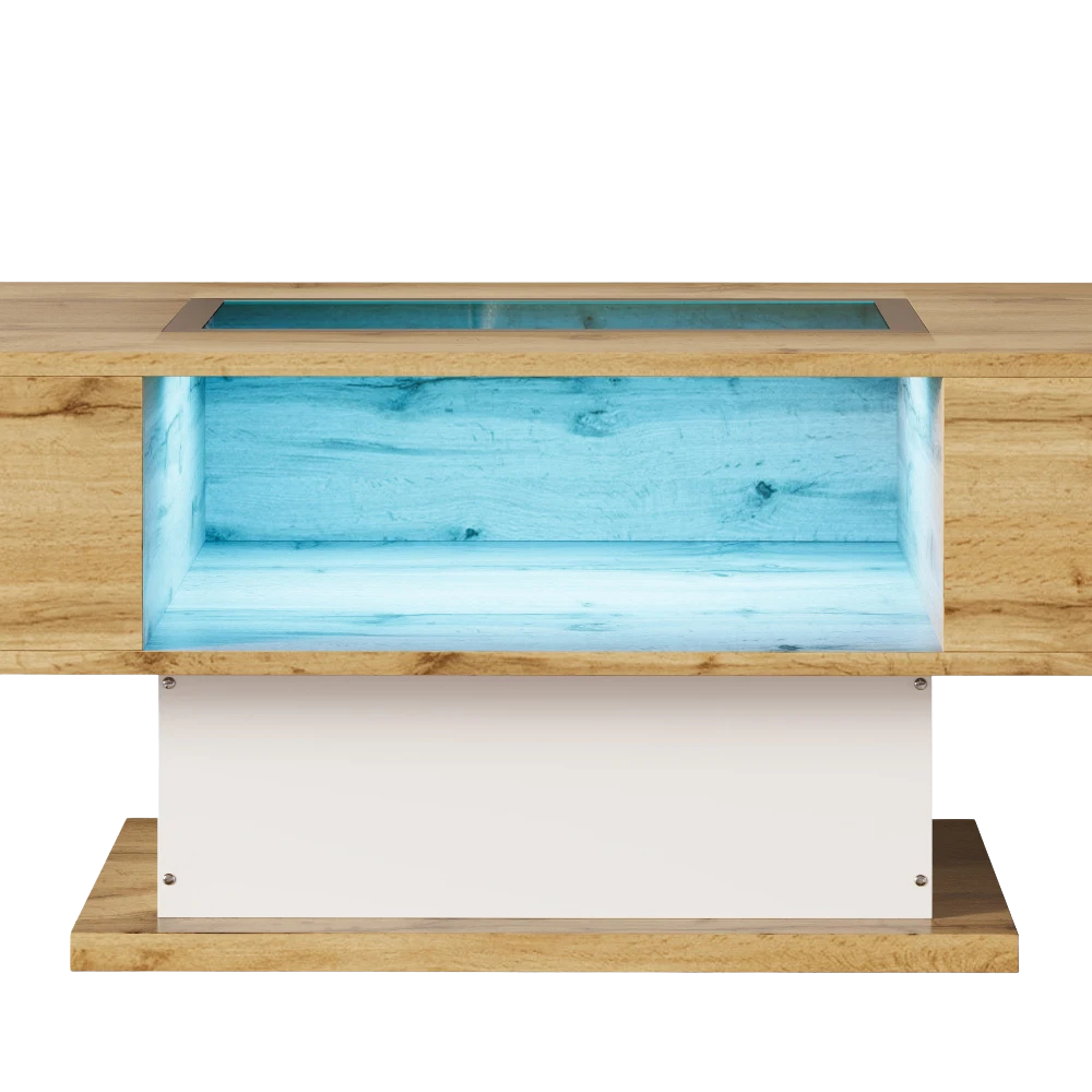 Table Basse Bois et Verre avec LED et Rangements - Design Moderne Ravel
