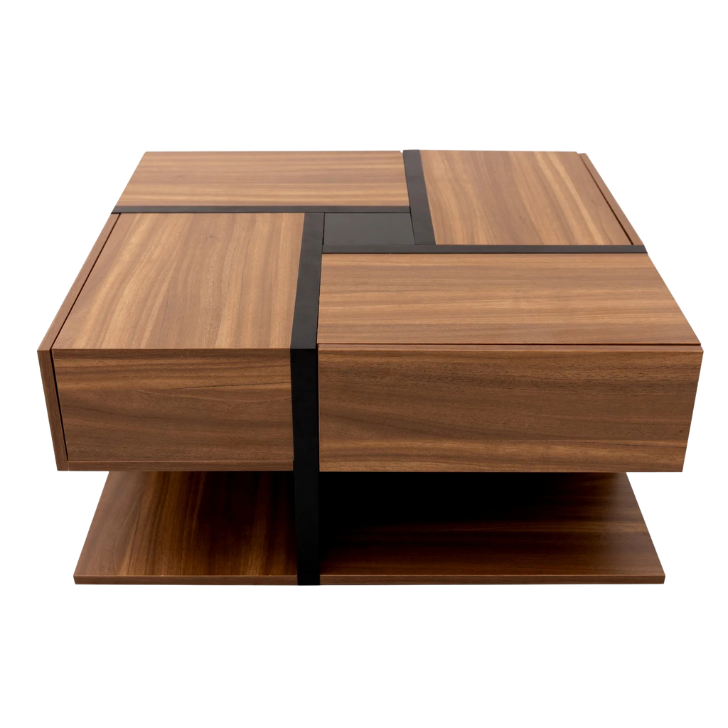 Table Basse Bois Carrée et Noir 2 Tiroir Onyx