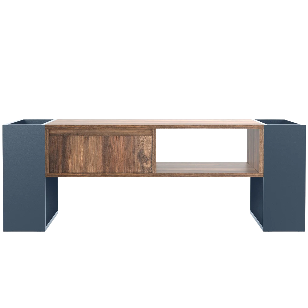 Table Basse Bois et Bleu Profond avec Rangement - Design Moderne Azuro