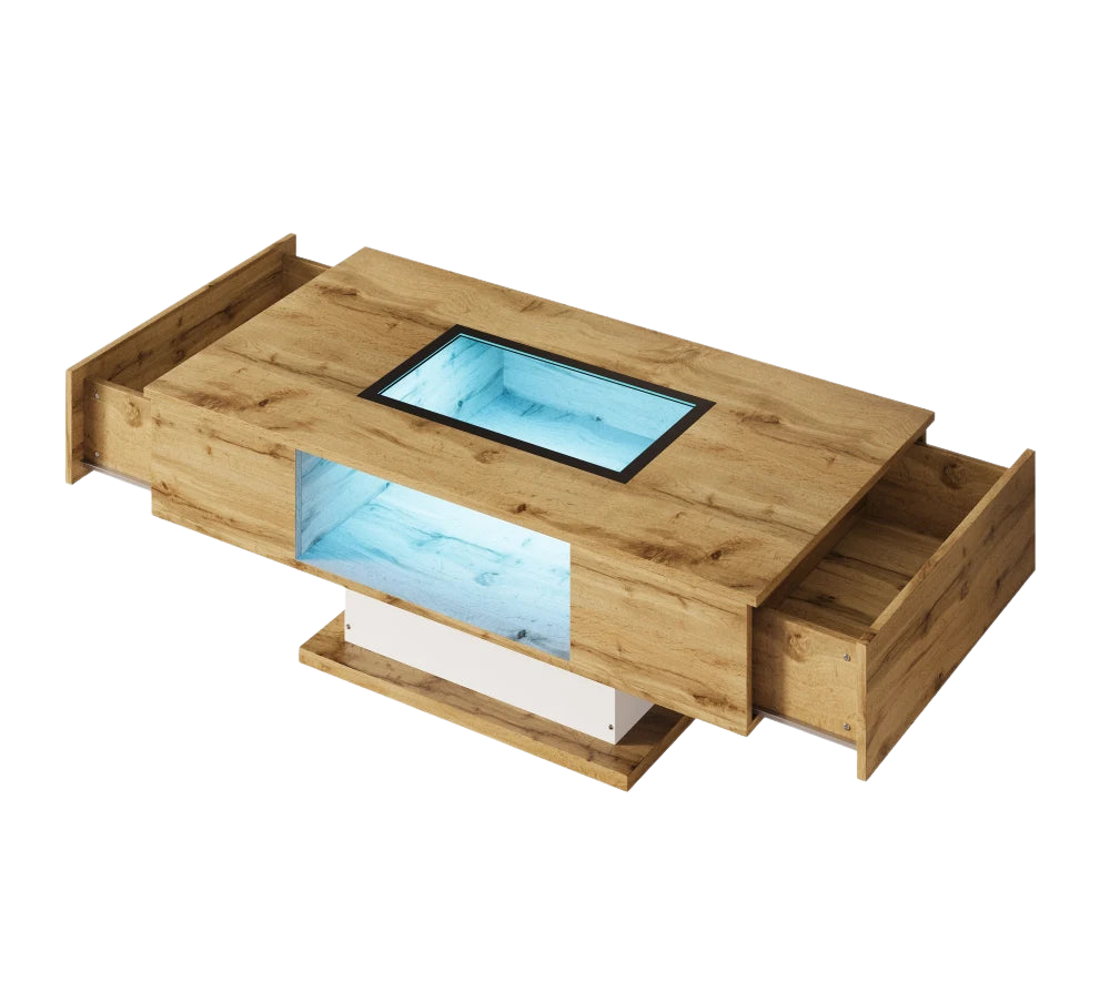 Table Basse Bois et Verre avec LED et Rangements - Design Moderne Ravel