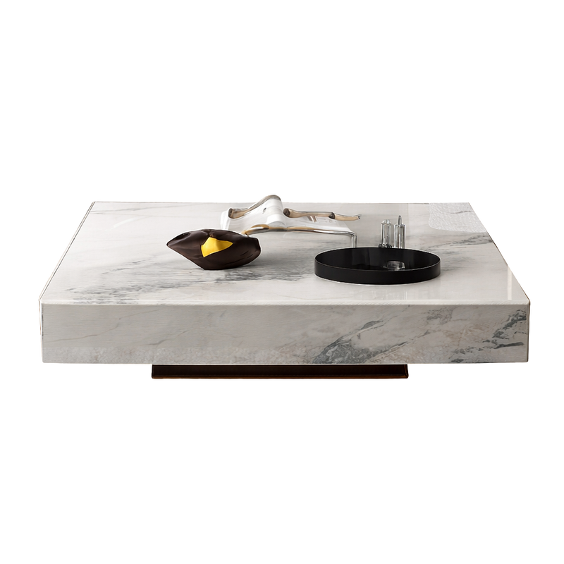 Table Basse Carrée Effet Marbre avec Plateau en Verre Trempé - Style Design Kalva