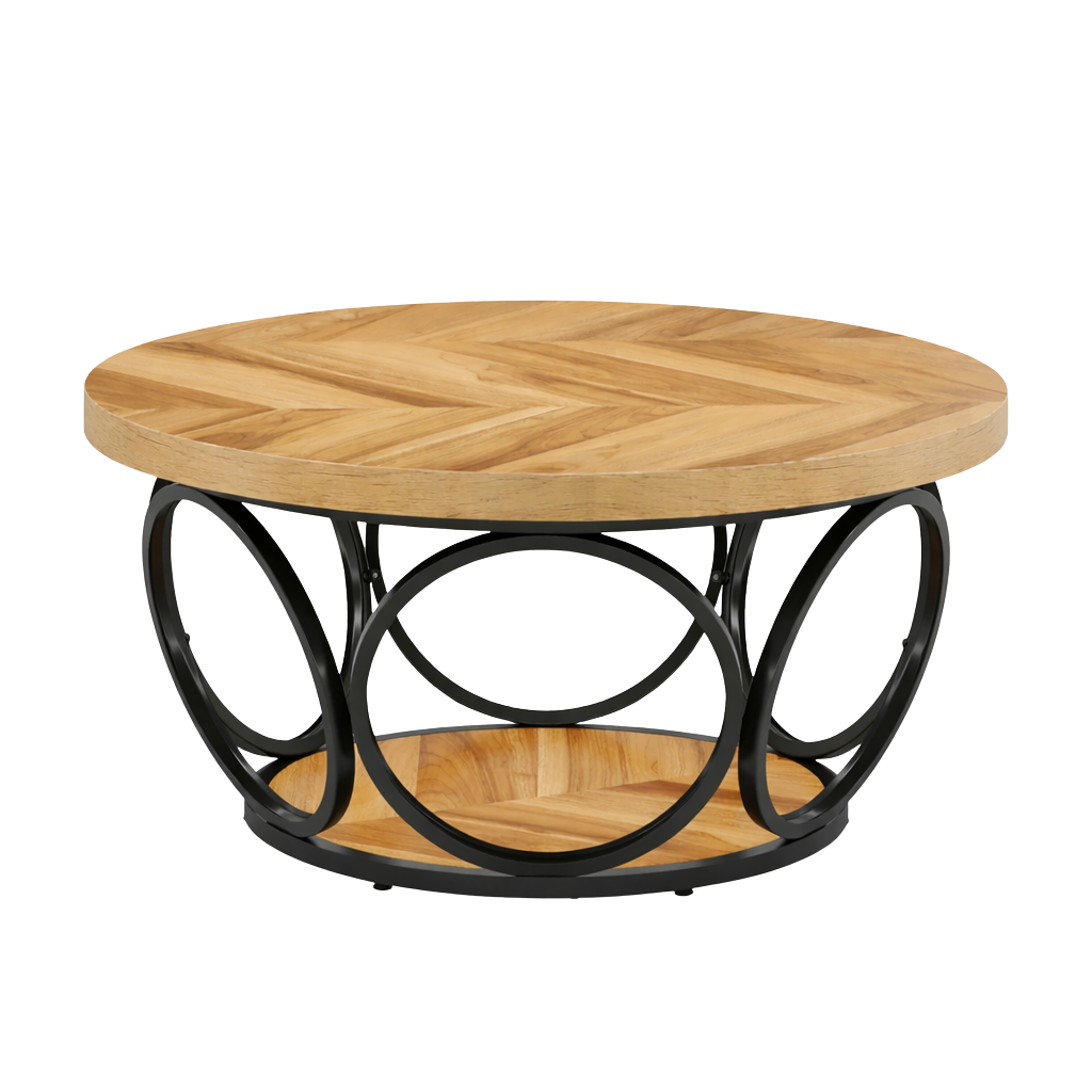 Table Basse Ronde Bois avec Rangement - Style Rustique Chêne