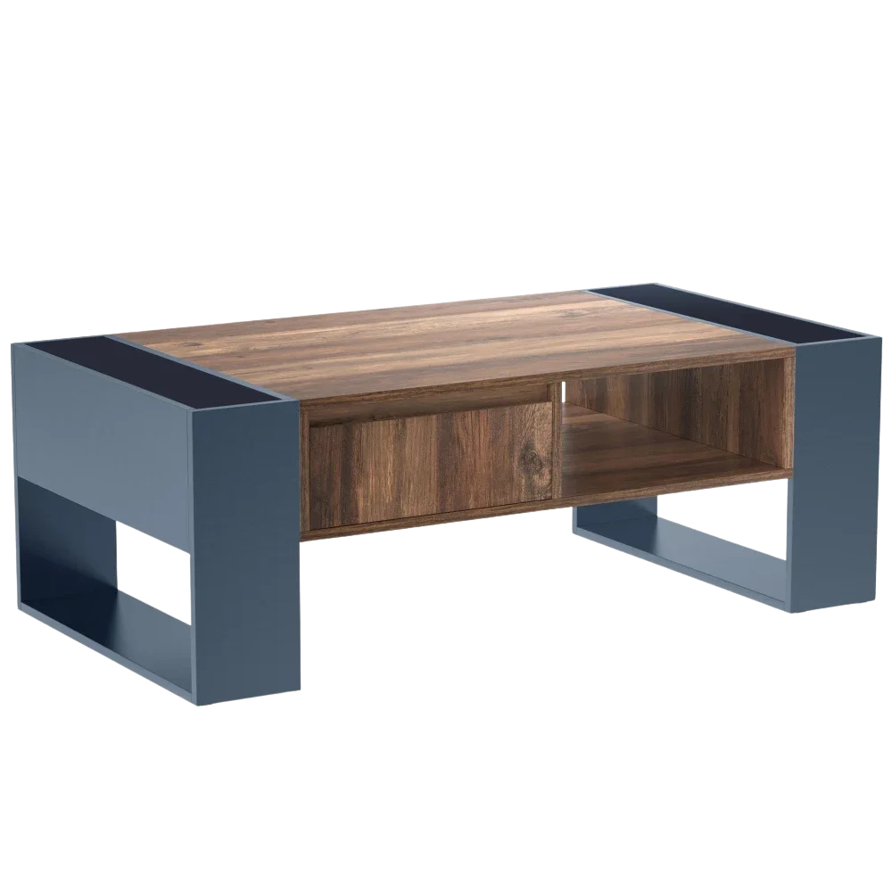 Table Basse Bois et Bleu Profond avec Rangement - Design Moderne Azuro