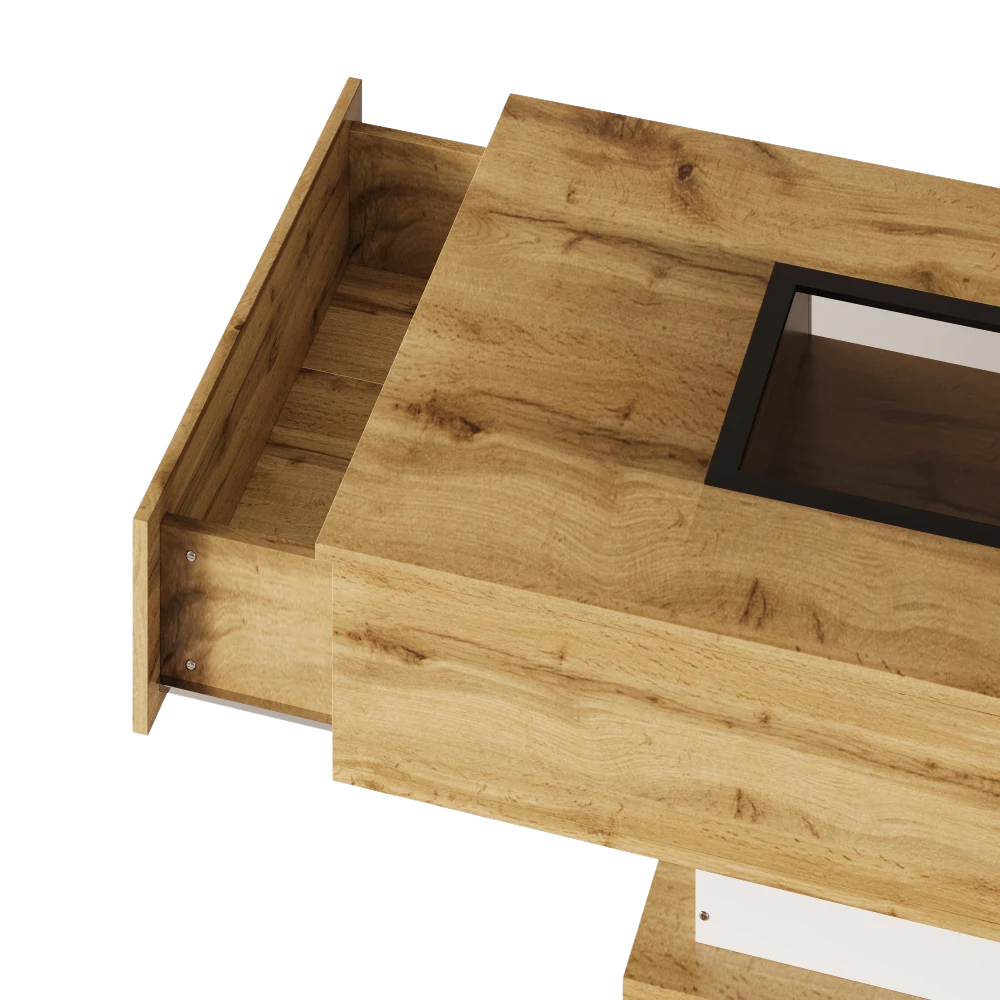 Table Basse Bois et Verre avec LED et Rangements - Design Moderne Ravel