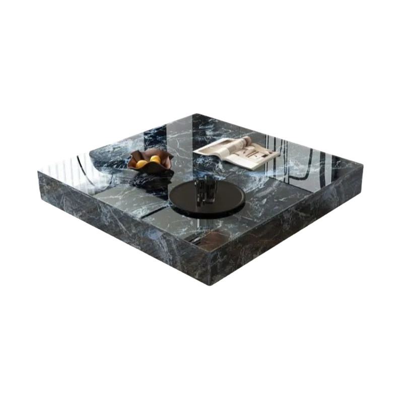 Table Basse Carrée Effet Marbre avec Plateau en Verre Trempé - Style Design Kalva