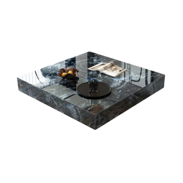 Table Basse Carrée Effet Marbre avec Plateau en Verre Trempé - Style Design Kalva