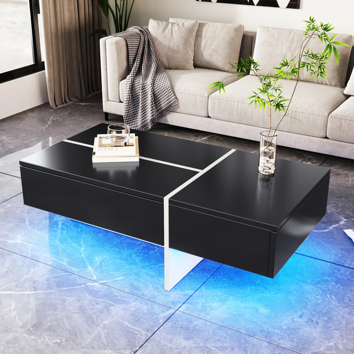 Table Basse Noire et Blanche avec LED - Design Moderne Vindra