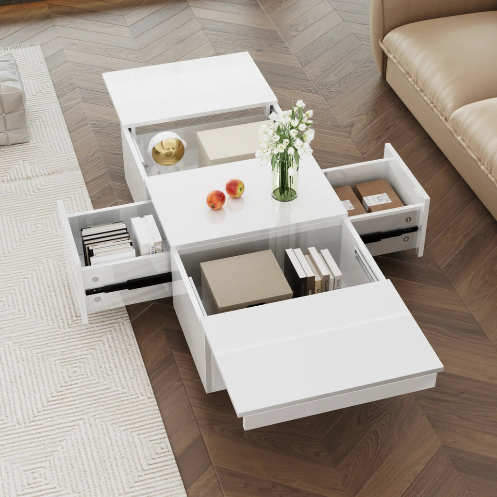Table Basse Blanche Laquée Epuré avec Rangement et Tiroirs Lumia