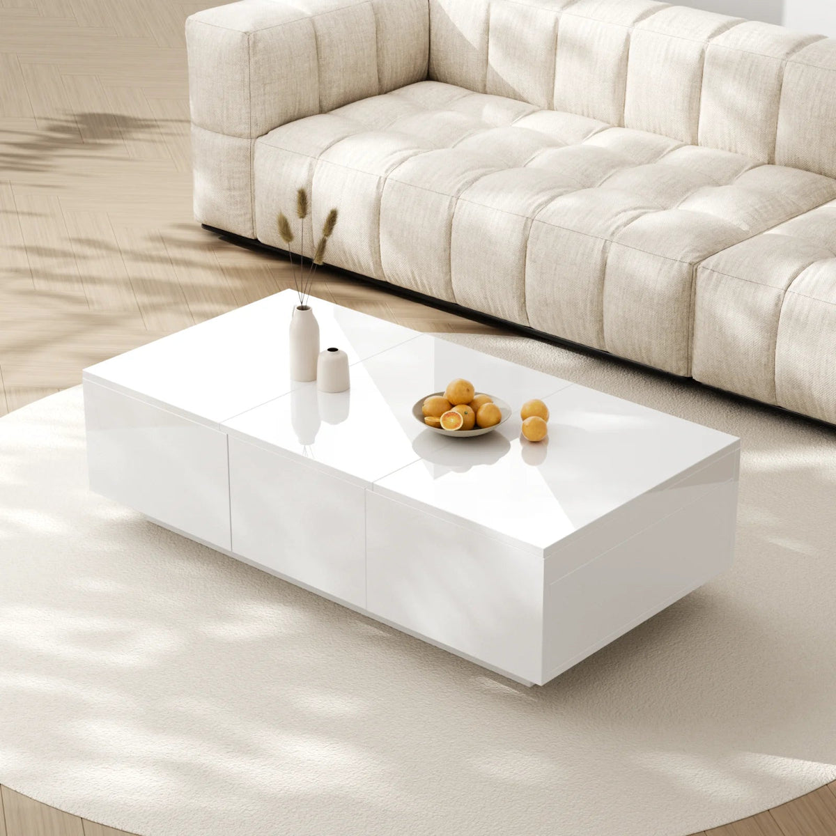 Table Basse Blanche Laquée Epuré avec Rangement et Tiroirs Lumia