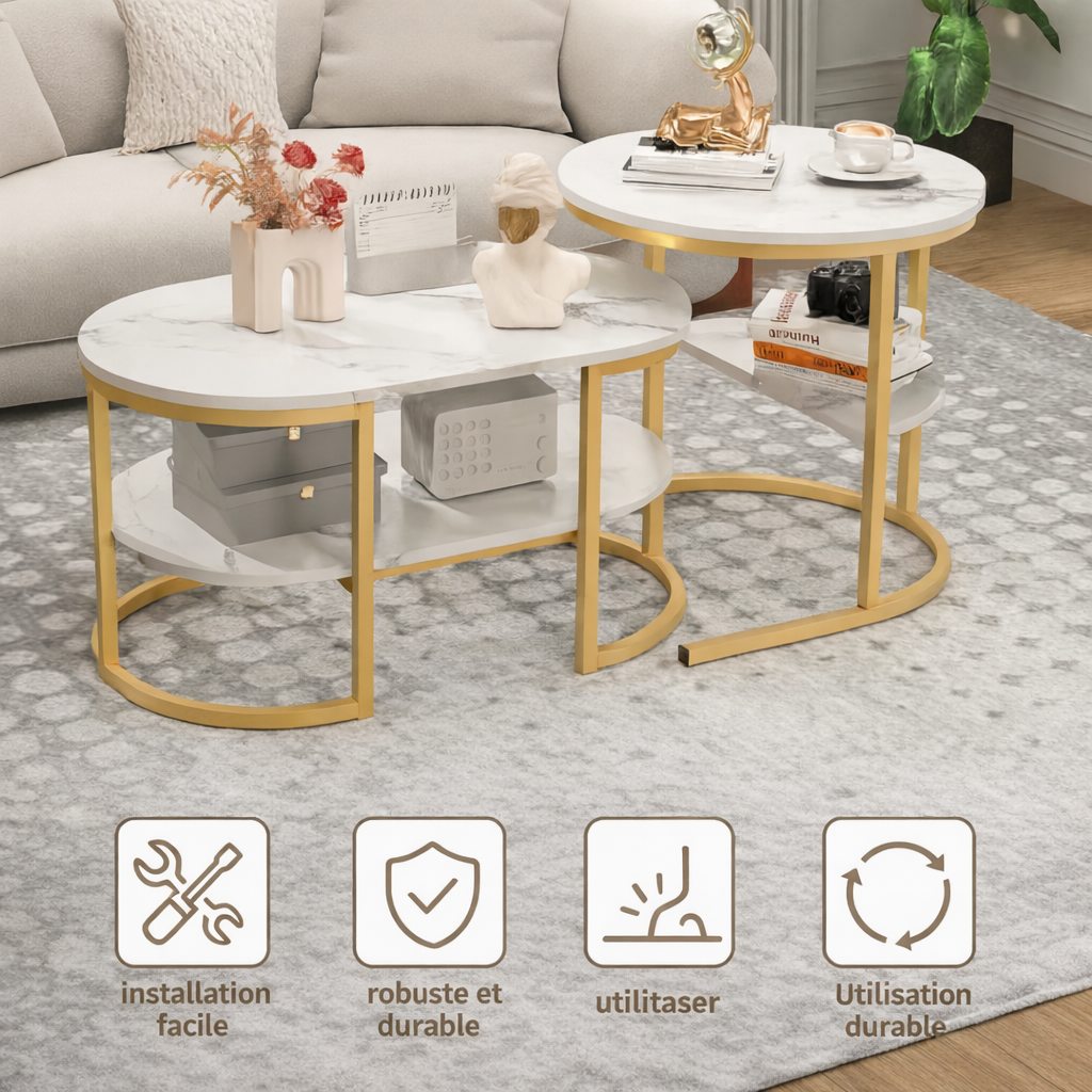 Table Basse Gigogne Marbre Structure Métal - Design Moderne Aria