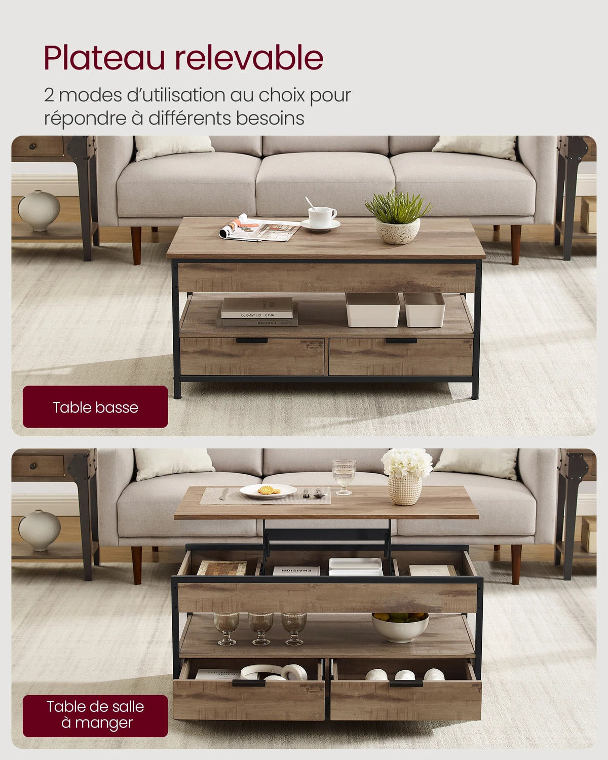 Table Basse Relevable Industrielle avec Rangement - Design Industriel Kravo