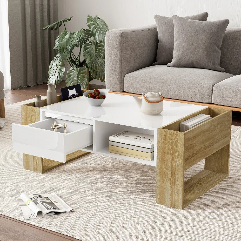 Table Basse Rectangulaire Blanche et Bois avec Rangement - Style Moderne Elira