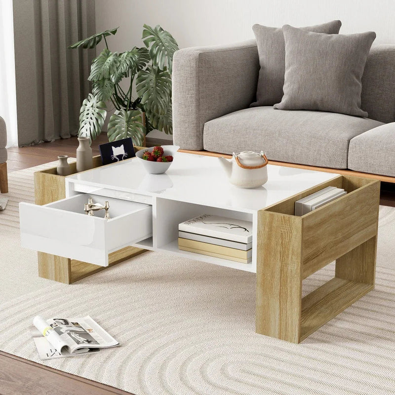 Table Basse Rectangulaire Blanche et Bois avec Rangement - Style Moderne Elira