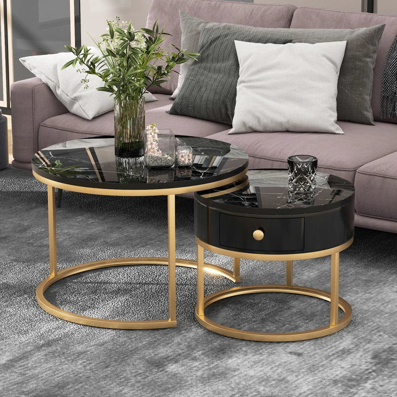 Table Basse Ronde Gigogne Effet Marbre Noire - Norvik