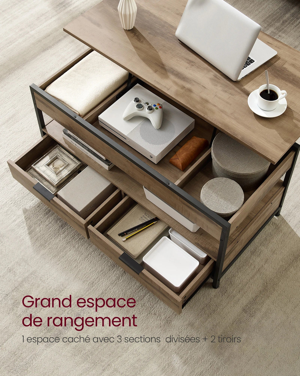 Table Basse Relevable Industrielle avec Rangement - Design Industriel Kravo