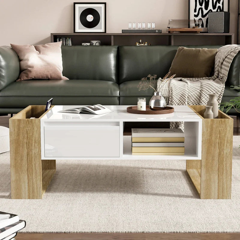 Table Basse Rectangulaire Blanche et Bois avec Rangement - Style Moderne Elira