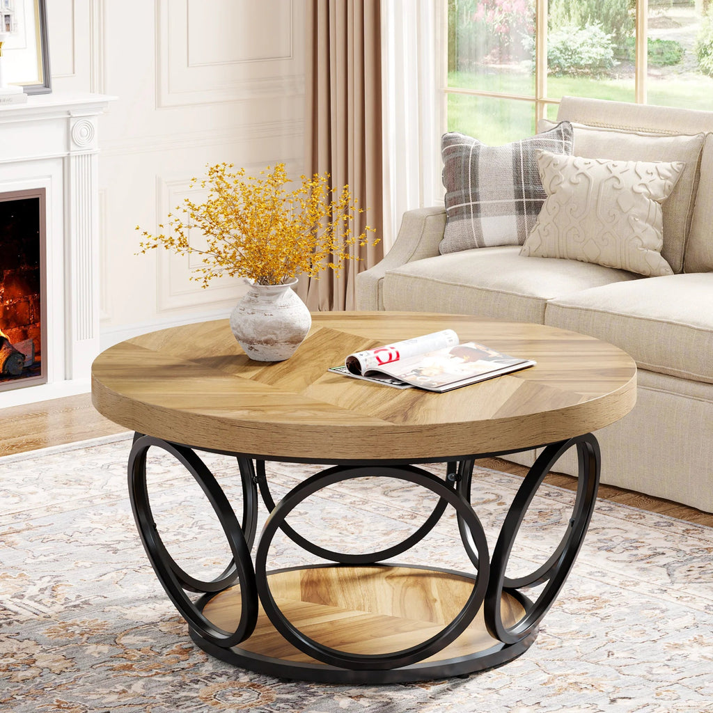 Table Basse Ronde Bois avec Rangement - Style Rustique Chêne