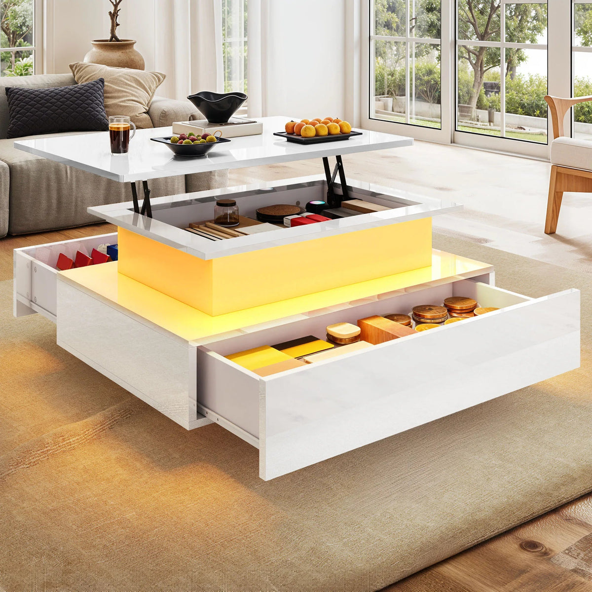 Table Basse Relevable avec LED et Tiroirs - Design Moderne Halvin