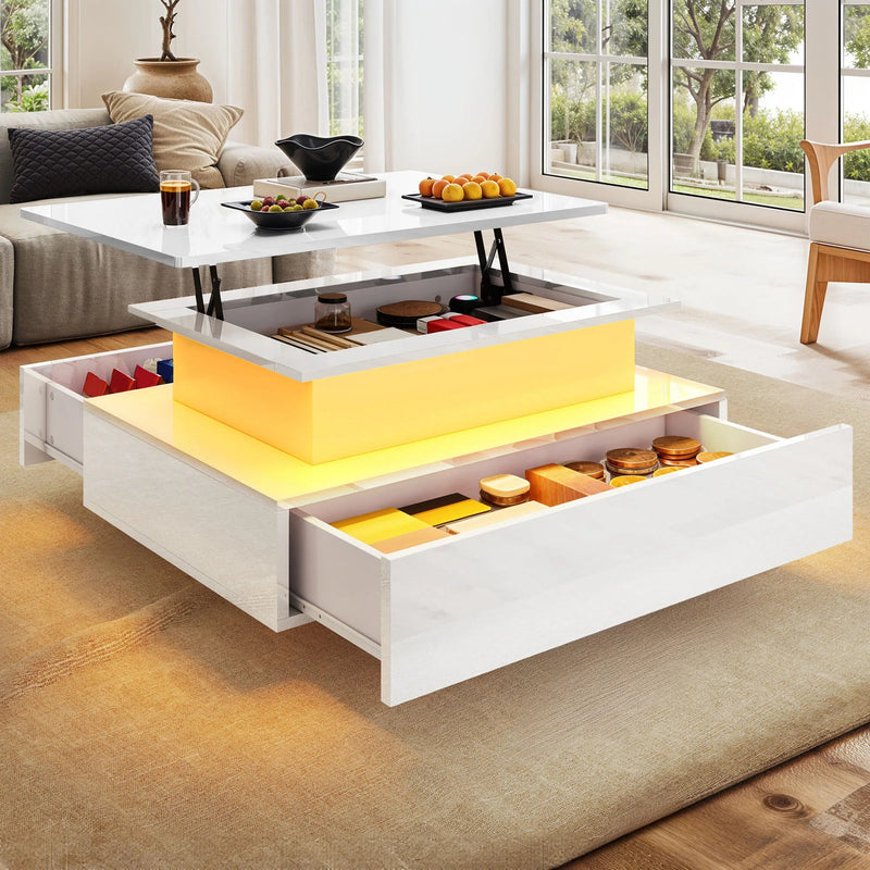 Table Basse Relevable avec LED et Tiroirs - Design Moderne Halvin