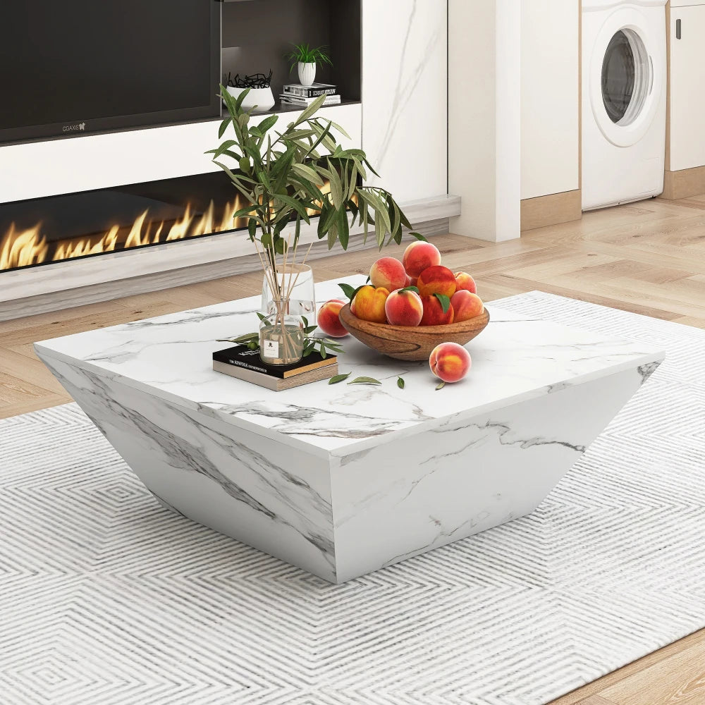 Table Basse Effet Marbre Blanche avec Tiroirs - Style Design Fera