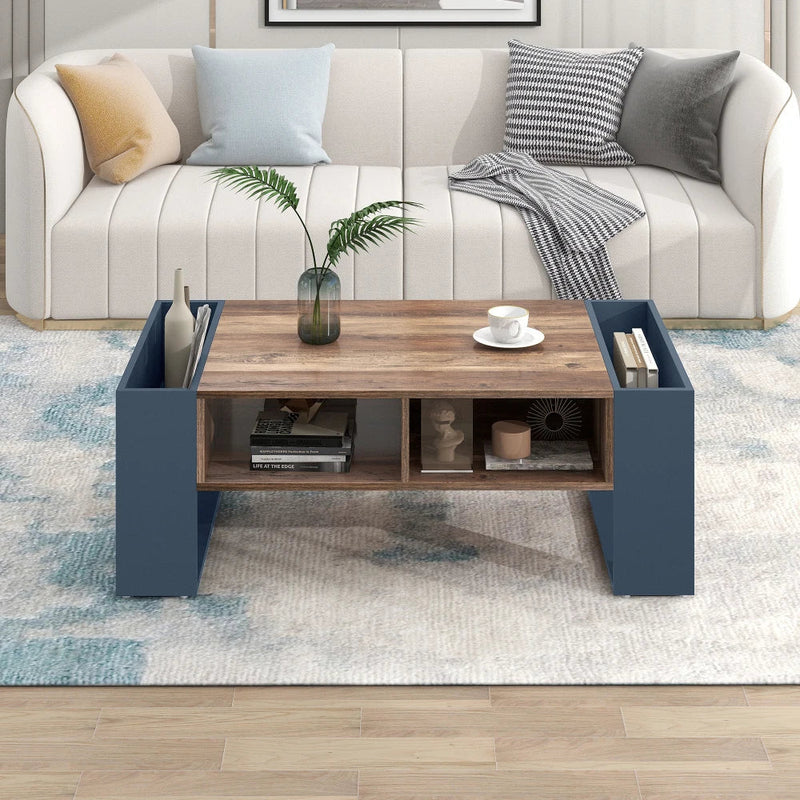 Table Basse Bois et Bleu Profond avec Rangement - Design Moderne Azuro