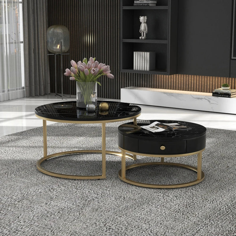 Table Basse Ronde Gigogne Effet Marbre Noire - Norvik
