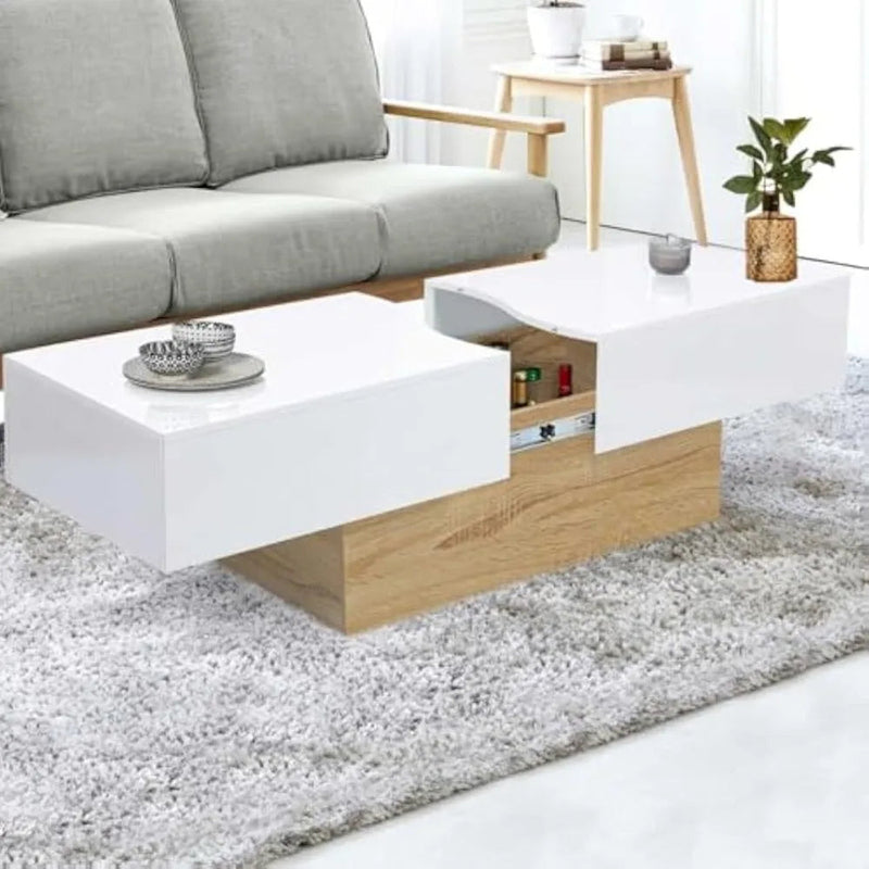 Table Basse Rectangulaire Bois et Plateau Coulissant Blanc - Design Fonctionnel Livio