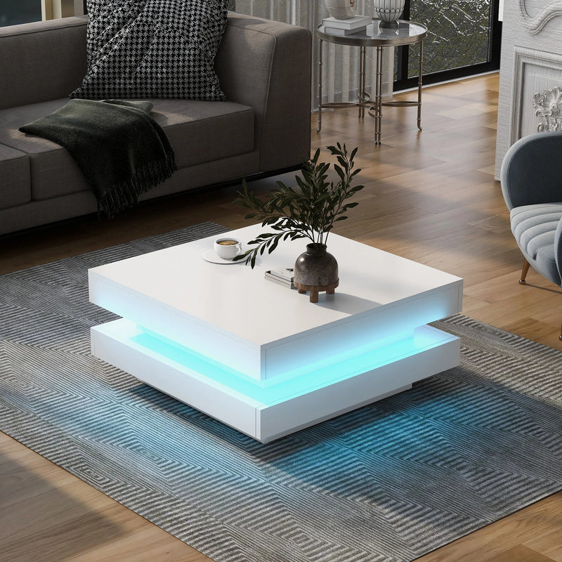Table Basse Carrée Blanche avec Plateau Pivotant LED - Design Moderne Zelko