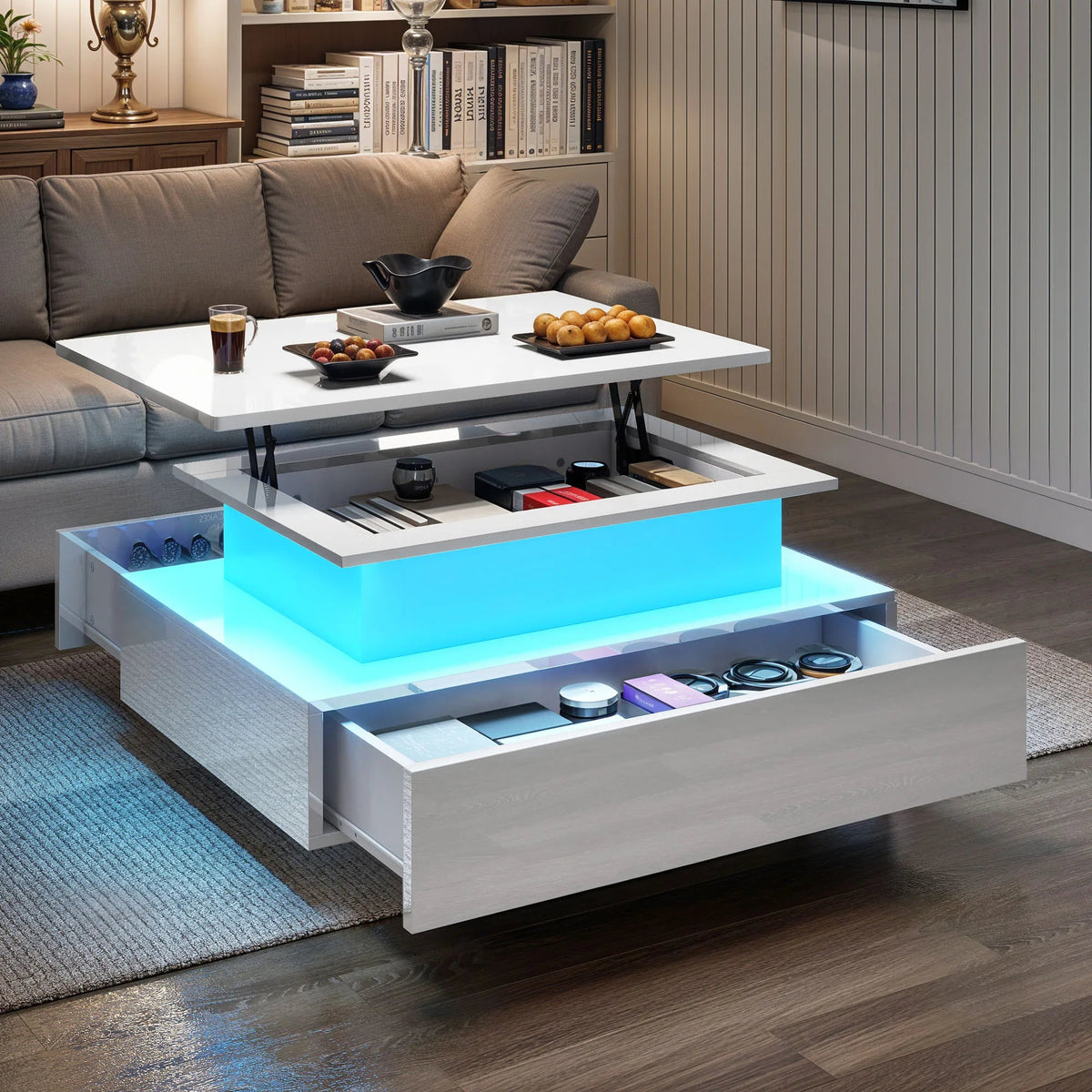 Table Basse Relevable avec LED et Tiroirs - Design Moderne Halvin