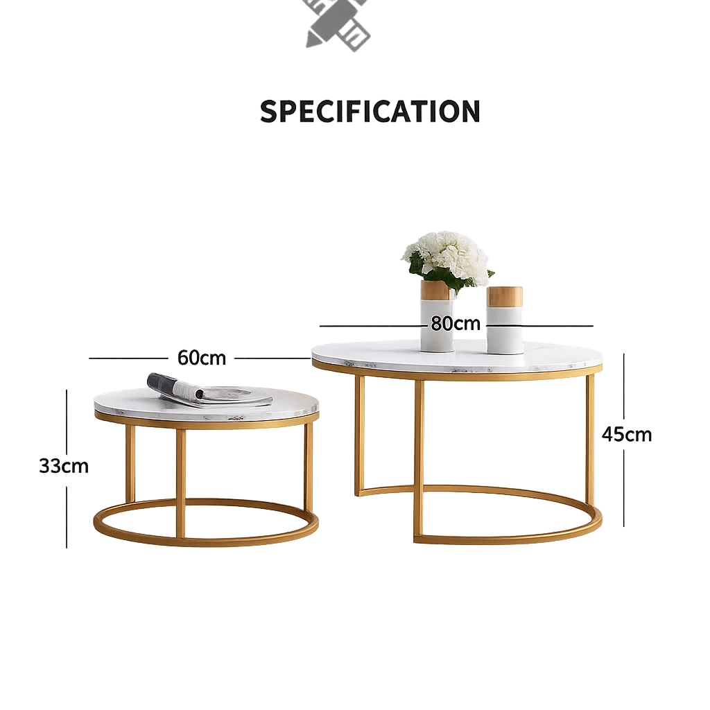 Table Basse Gigogne Ronde Effet Marbre et Doré - Aurel