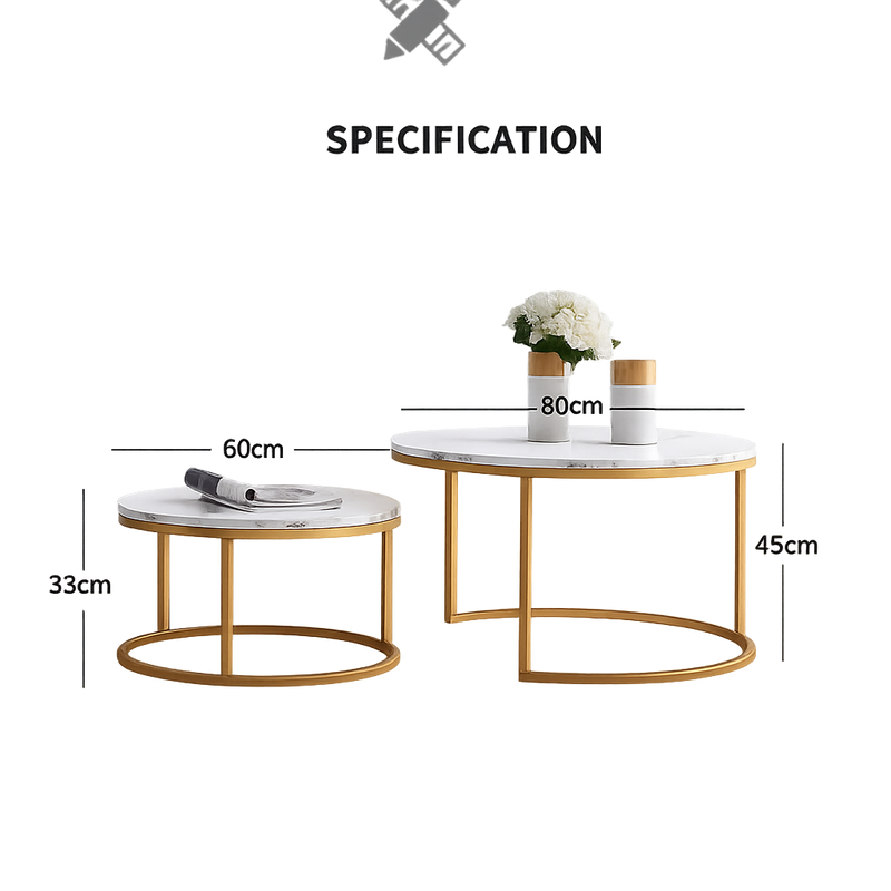 Table Basse Gigogne Ronde Effet Marbre et Doré - Aurel