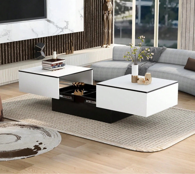 Table Basse Rectangulaire Extensible avec Rangements Noire et Blanche - Design Moderne Fyndra