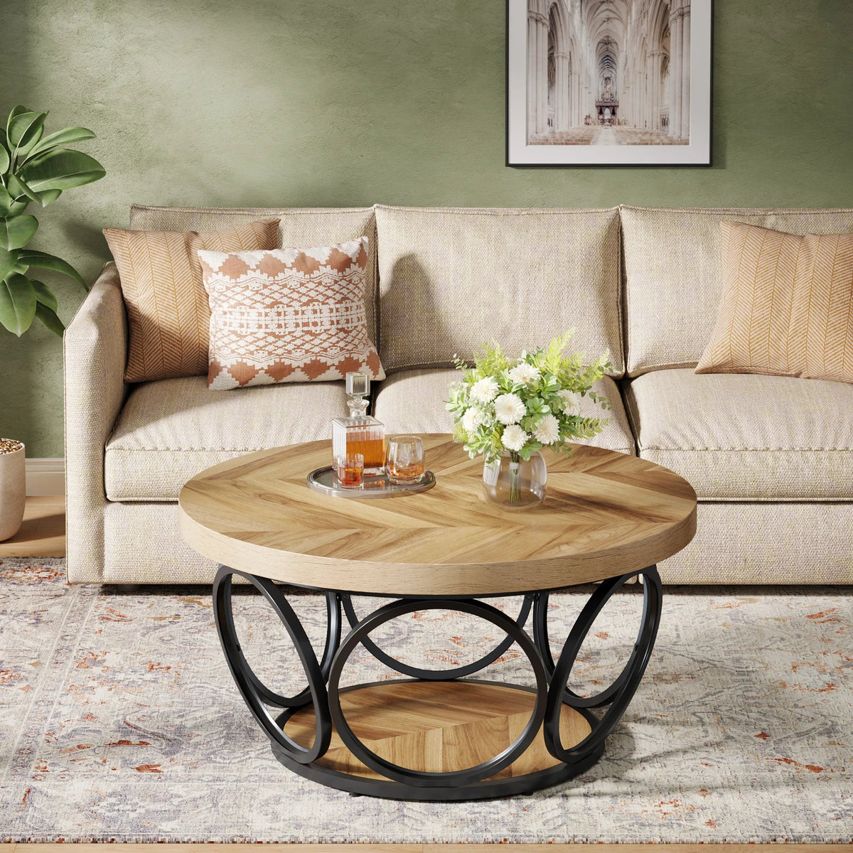 Table Basse Ronde Bois avec Rangement - Style Rustique Chêne